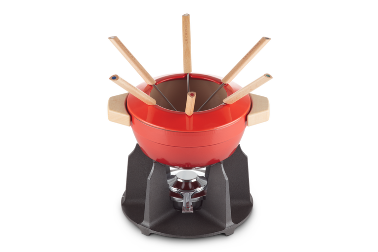 Service à fondue en fonte émaillée avec manche en bois