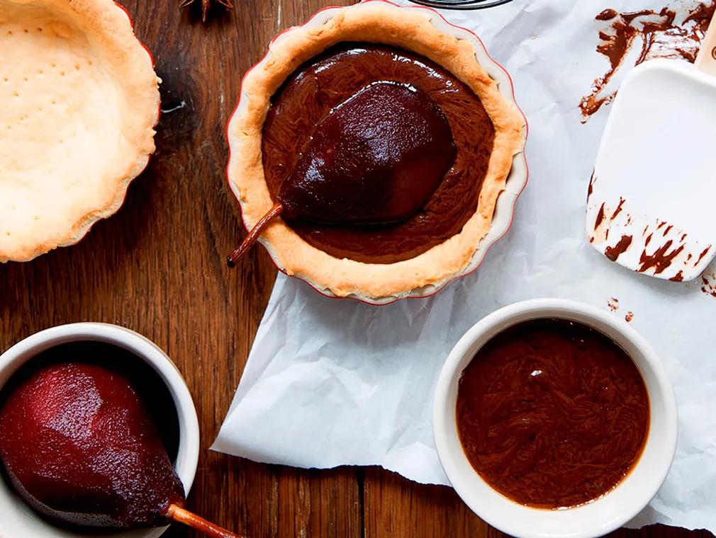 Tartelettes aux Chocolat mit Rotweinbirnen
